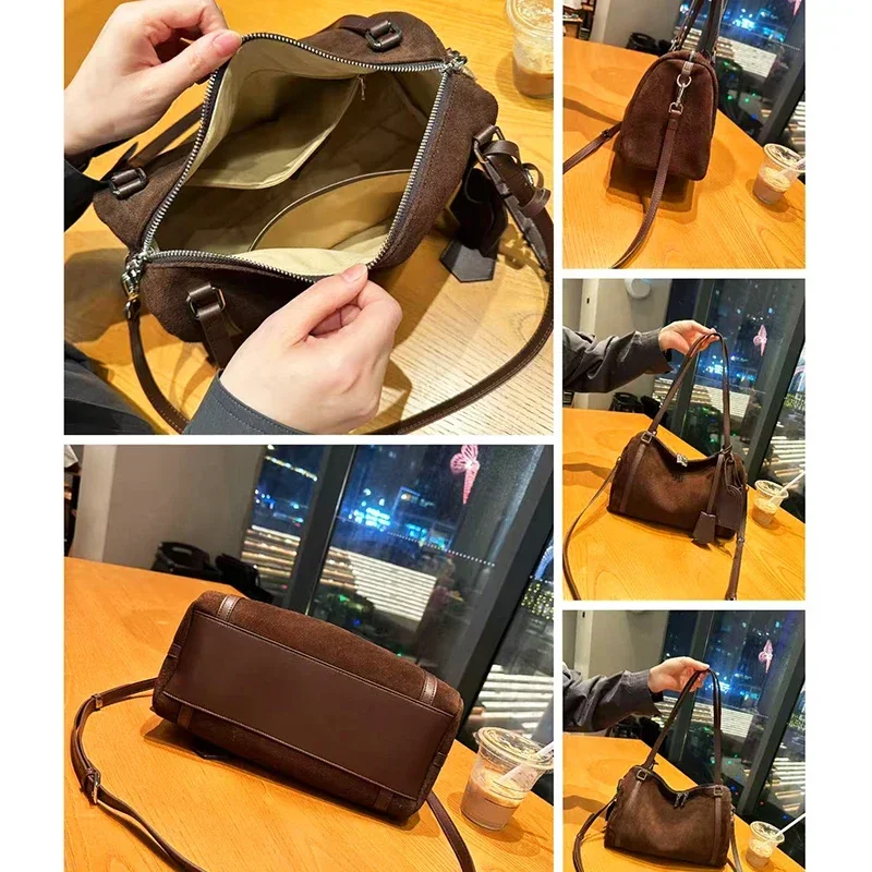 

Winter Women's Natural Suede Leather Bag Female Luxury Desig Frosted Cowhide Durable Handbags Ladies Large Capactiy Shoulder Bag