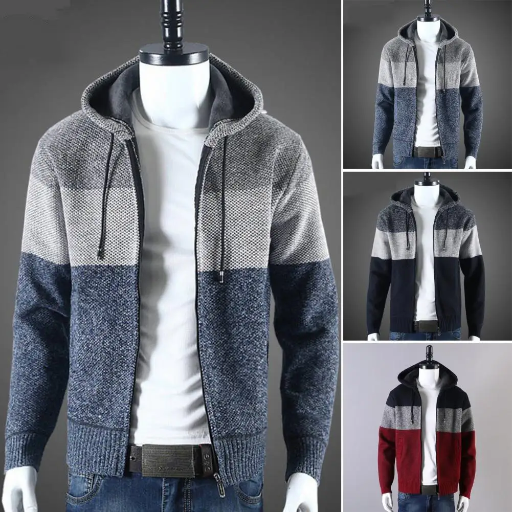 

Men Striped Jacket Colorblock Knitted Hooded Men's Sweater Jacket Warm Stylish Cozy Cardigan Coat for Winter Fall Men Sweater