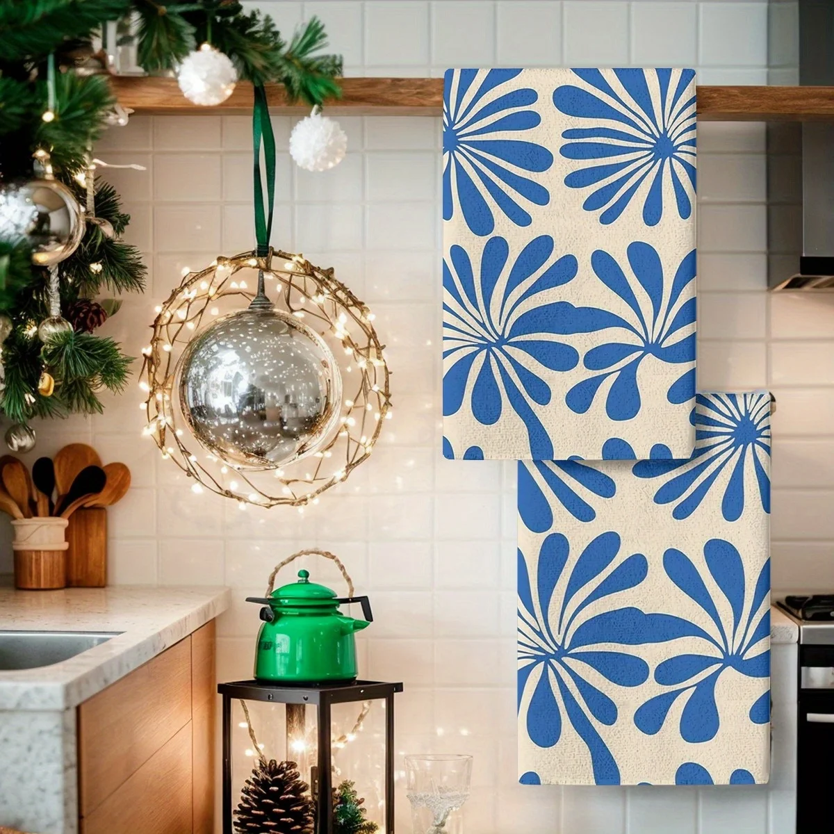 2PCS Soft Absorbent Kitchen Towels Dish Towel Blue Floral Abstract Modern Style Print Dishs Cloths Holiday Decor Dry Cloth Towel