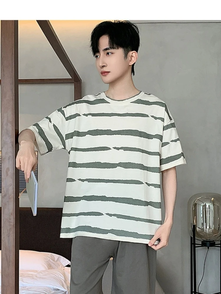 3XL Large Size 2 Piece Set Pajamas Men Modal Summer Sleepwear Korean Youth Striped Short Sleeve Shorts Homesuit Loose Loungewear