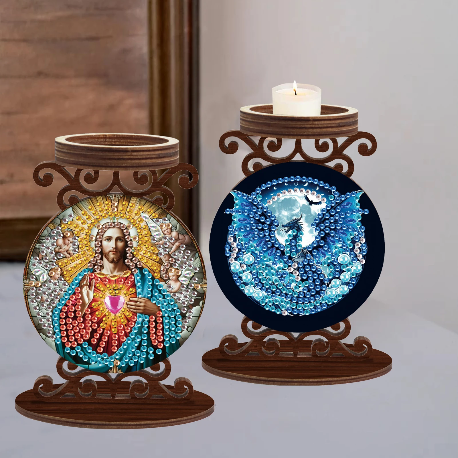 

2Pcs Special shaped Diamond Painting Candlesticks kits,Blue Dragon partial Diamond woodiness Candlesticks for Home decorate Gift