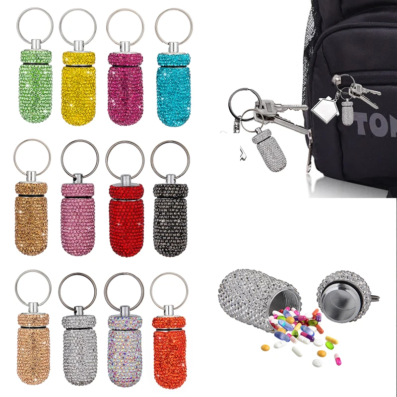 Portable Pill Cases Mini Storage Bottle with Full Rhinestone Fashion Keychain Bag Pendant for Camping Traveling Waterproof Bottl