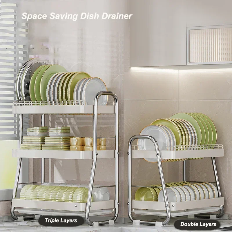 Kitchen Dish Drying Rack 2/3 Tiers Kitchen Utensils Storage Rack Bowls Knife Fork Pot Lid Holder Dinnerware Storage Rack