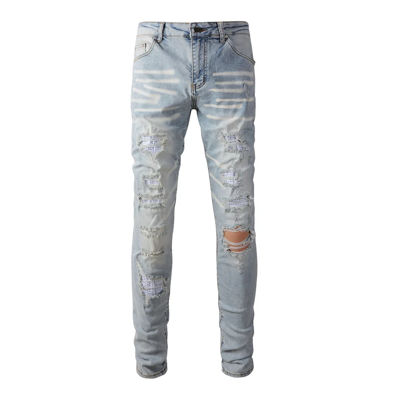 High street fashion new men's jeans stretch slim fit light blue jeans designer hip-hop brand pants hombre