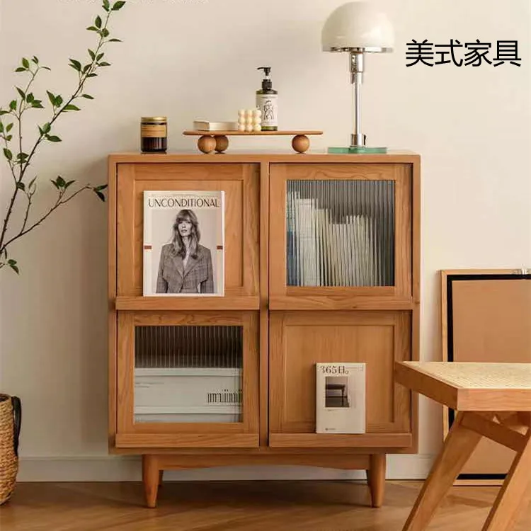 Japanese-style rattan bookcase Nordic solid wood magazine cabinet Sofa storage cabinet Living room Changhong glass storage