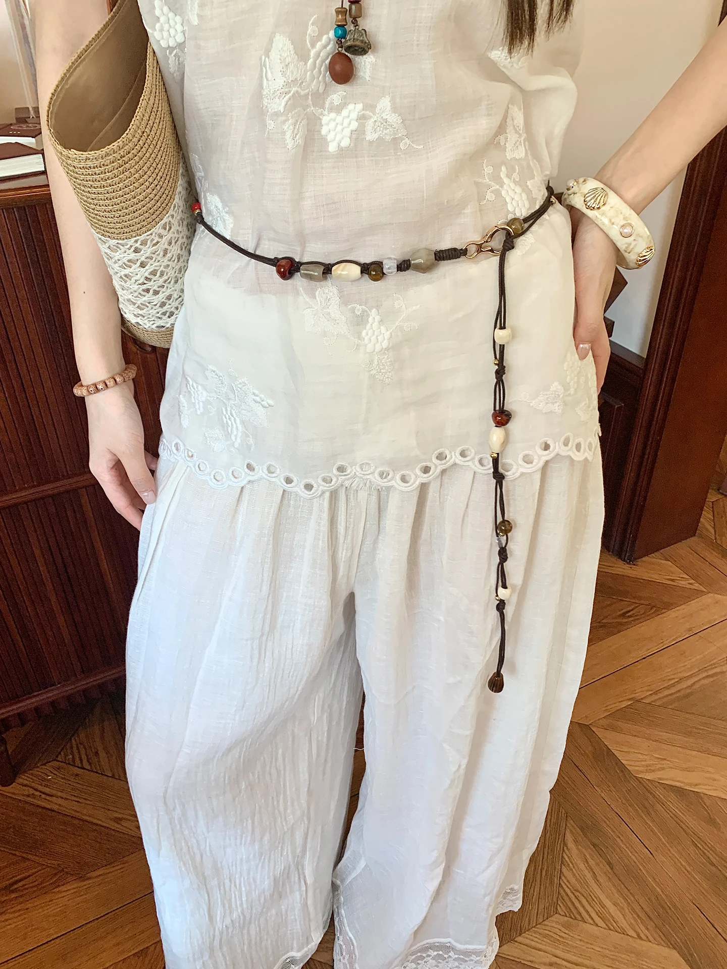 Vintage High-End HandmadeBeaded Long Thin Waist Rope Women's Pants Dress Decoration Waist Chain Coffee Brown Belt