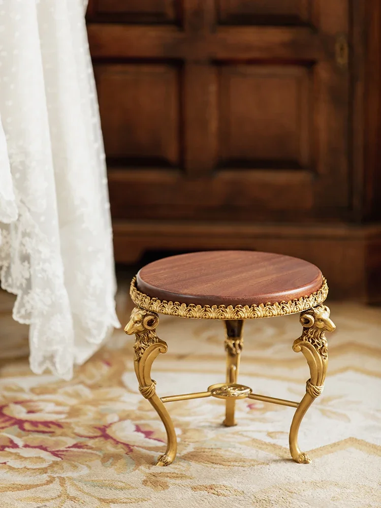 Harvest cottage, antique small round stool, vintage light luxury brass solid wood stool, home high-end luxury shoe changing