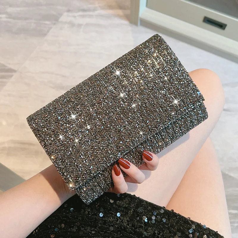 2024 New Black Silver Rhinestone Envelope Bag For Women Banquet Party Fashion Clutches Small Handbags With Chain Shoulder Bag