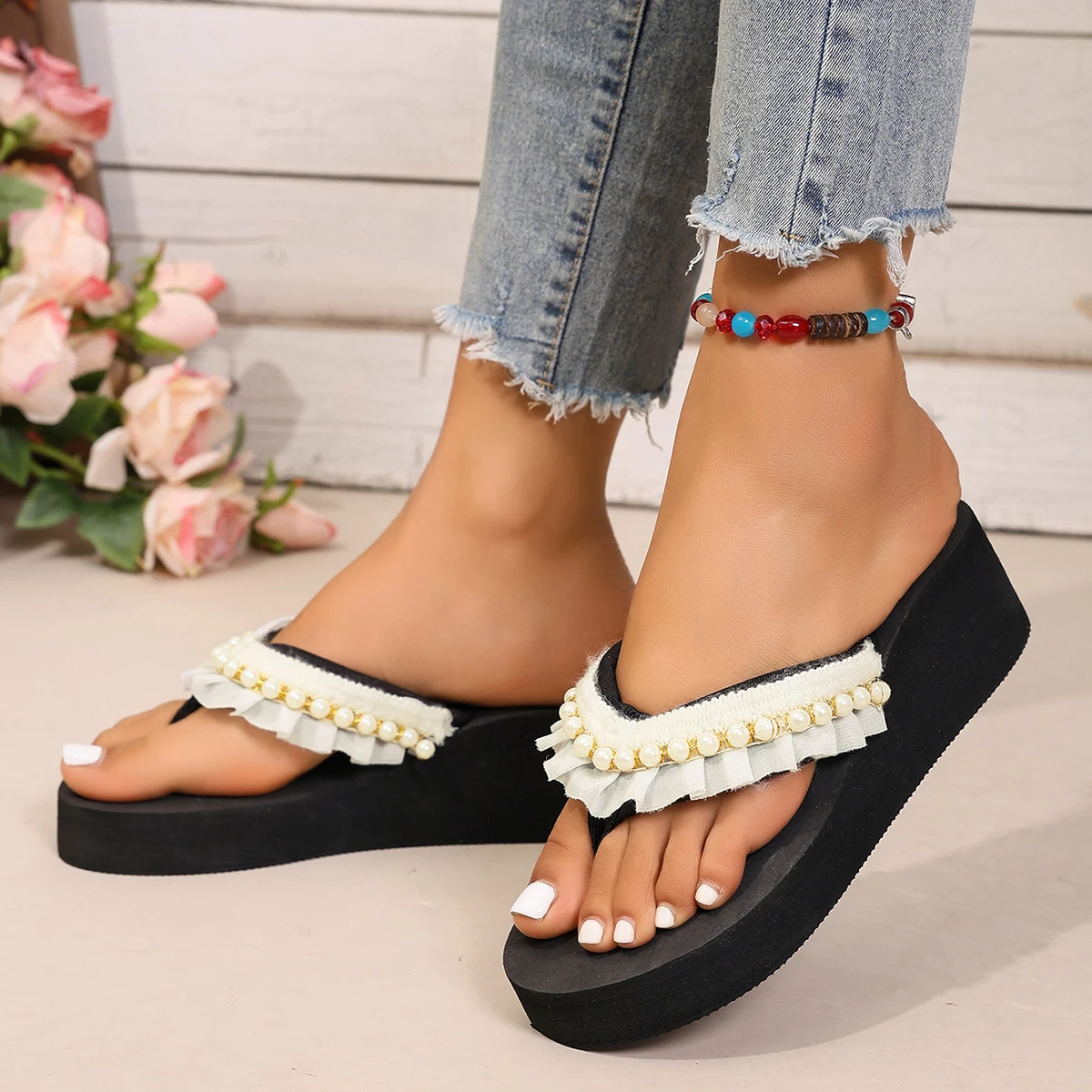 5cm Black Flip-Flops with Rhinestones, Lace, Chain, and Floral Design for Women