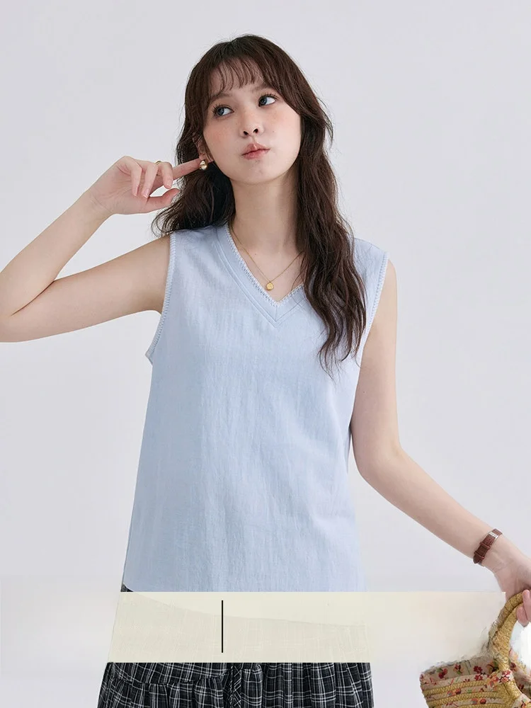 

AMUU Original Blue V-Neck Sleeveless Vest T-Shirt Women's Summer New Loose Cool Top Breathable Cotton Blend Comfortable Fit
