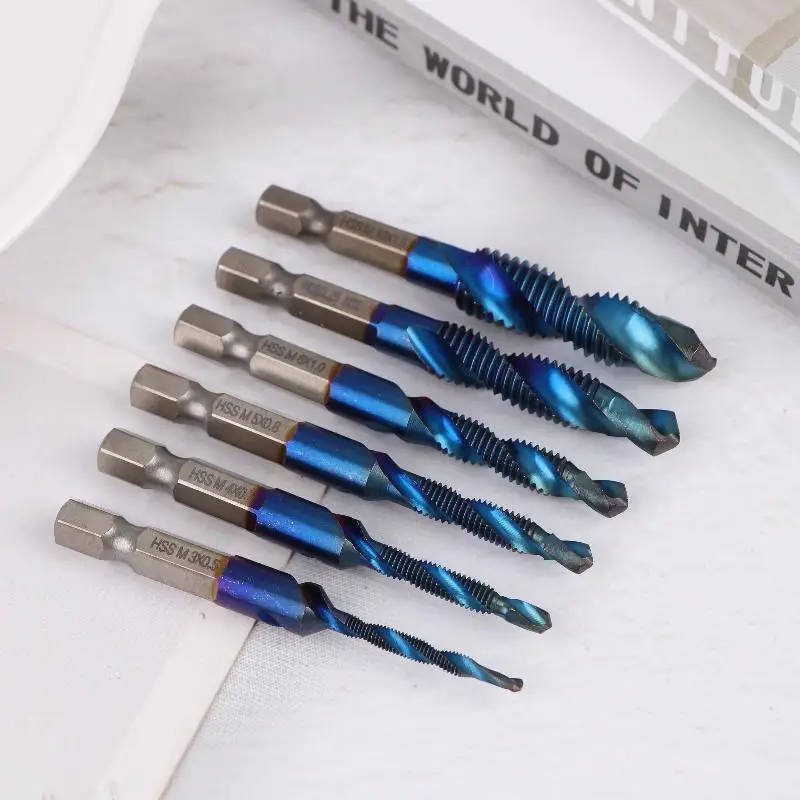 Blue M3/M4/M5/M6/M8/M10 Hand Tools Hex Shank Titanium Plated HSS Screw Thread Metric Tap Drill Bits Screw Machine Compound Tap