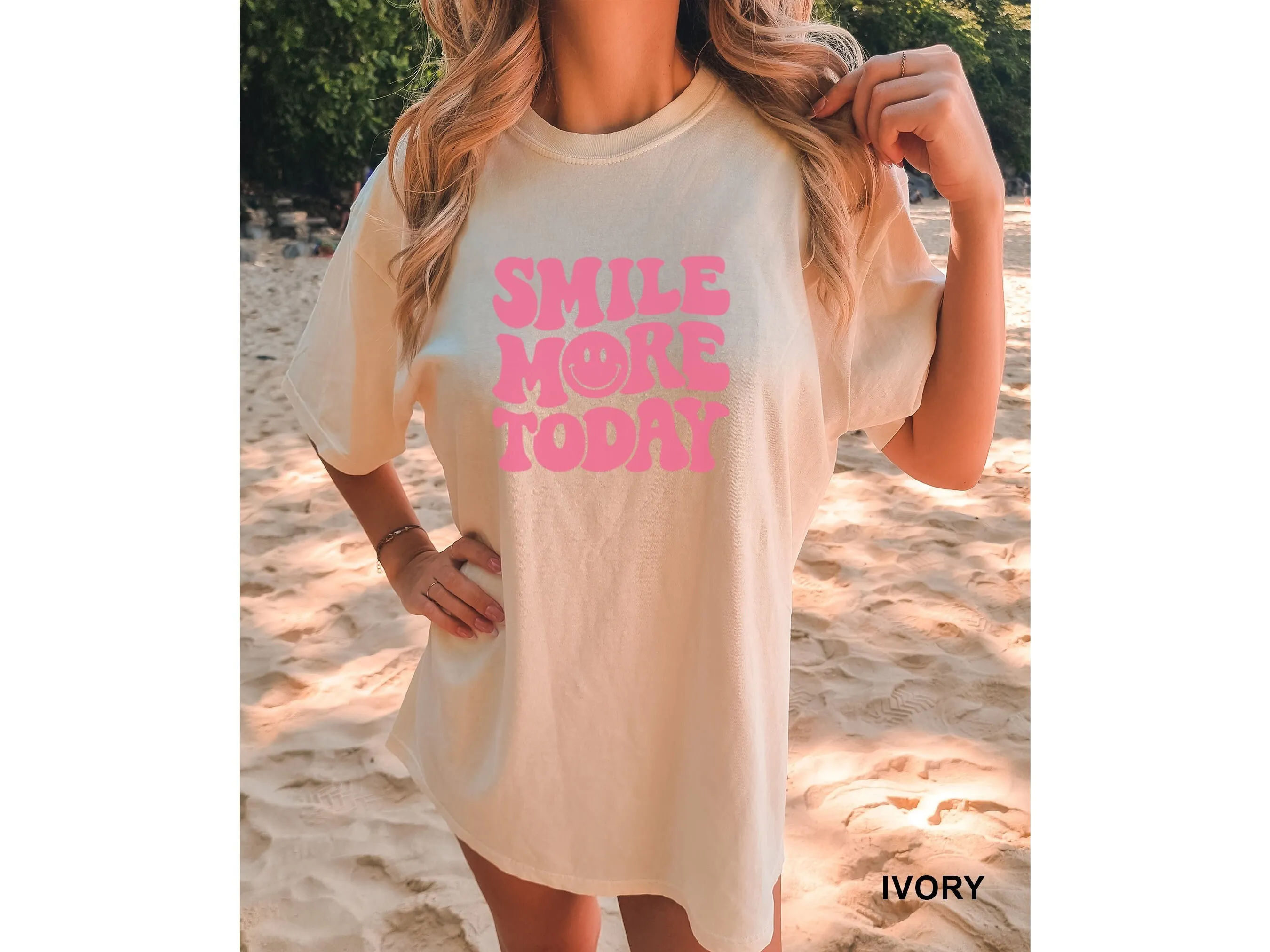 Oversized Beach Shirt Smile More Today Trendy Boutique Cruise Vacation Vacay Palm Tree Comfort Colors Garment Dyed T