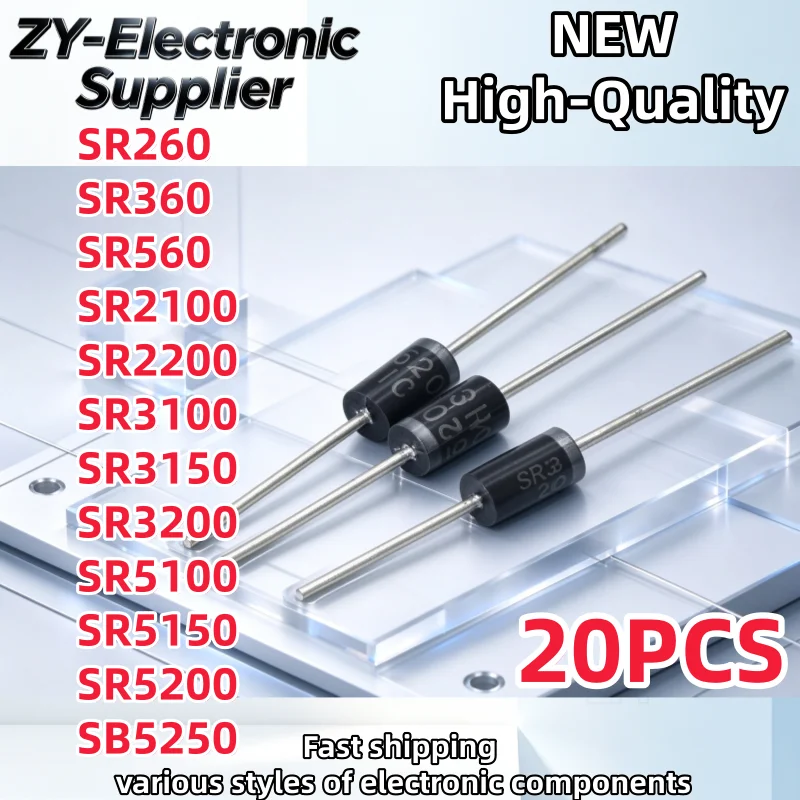 20Pcs New SR260 SR360 SR560 SR2100 SR2200 SR3100 SR3150 SR3200 SR5100 SR5150 SR5200 SB5250 DO-15 Schottky Diode