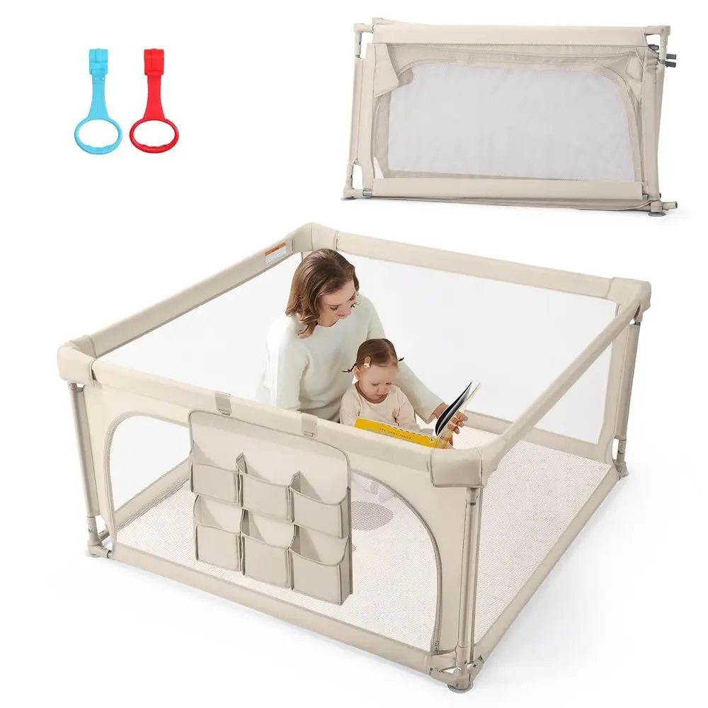روضة أطفال قابلة للطي مقاس 47 × 47 مع باب بسحاب، منطقة لعب كاكي فاتح للرضع والأطفال الصغار #1