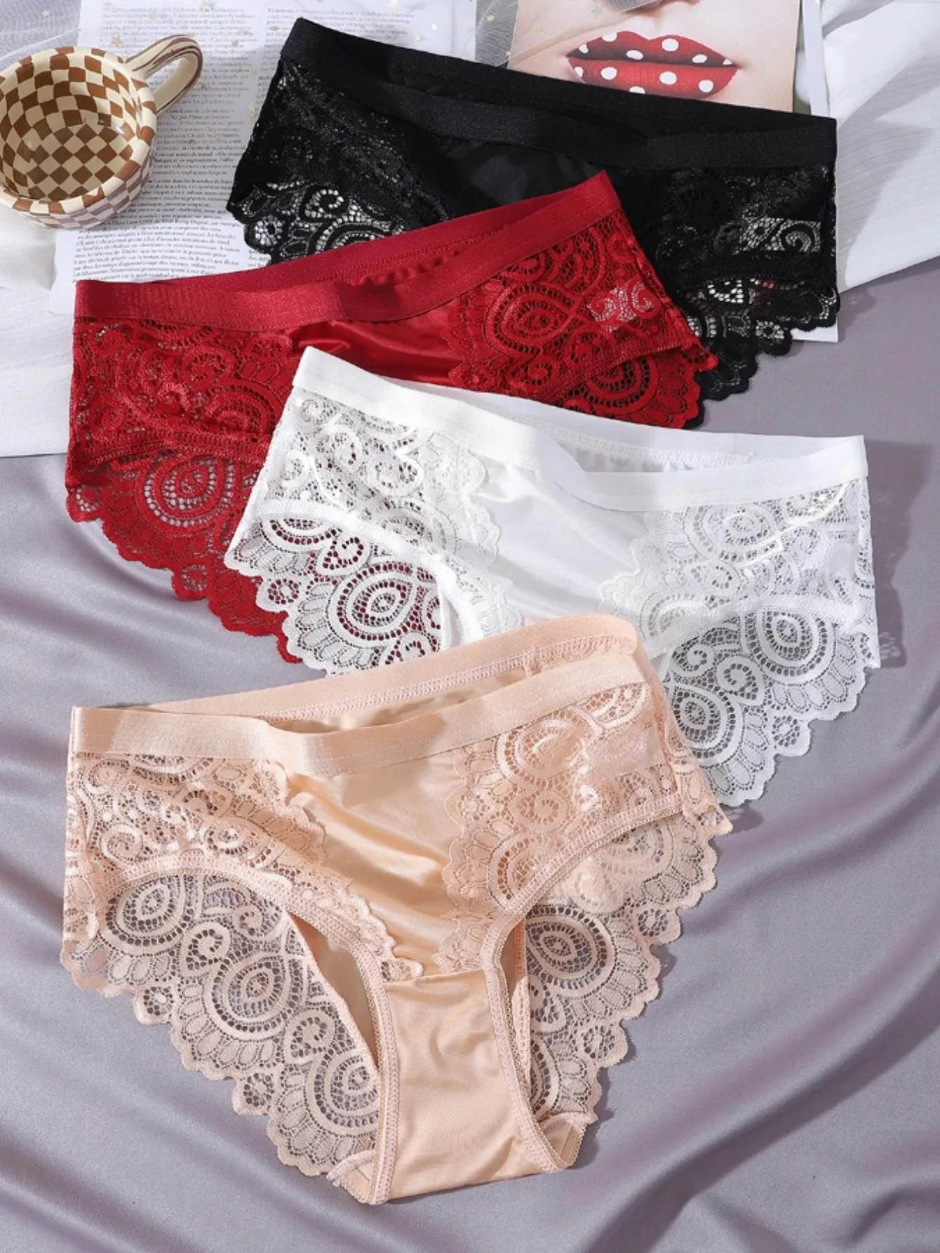 4PCS women's panties briefs lace stitching women's lace panties large size oily cloth briefs head women's lace panty