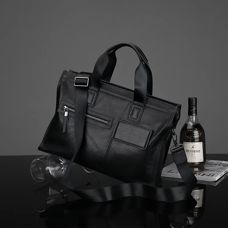Men’s Fashion Leather Briefcase Large Capacity Business Tote Bag Trendy Handbag Genuine First Layer Cowhide