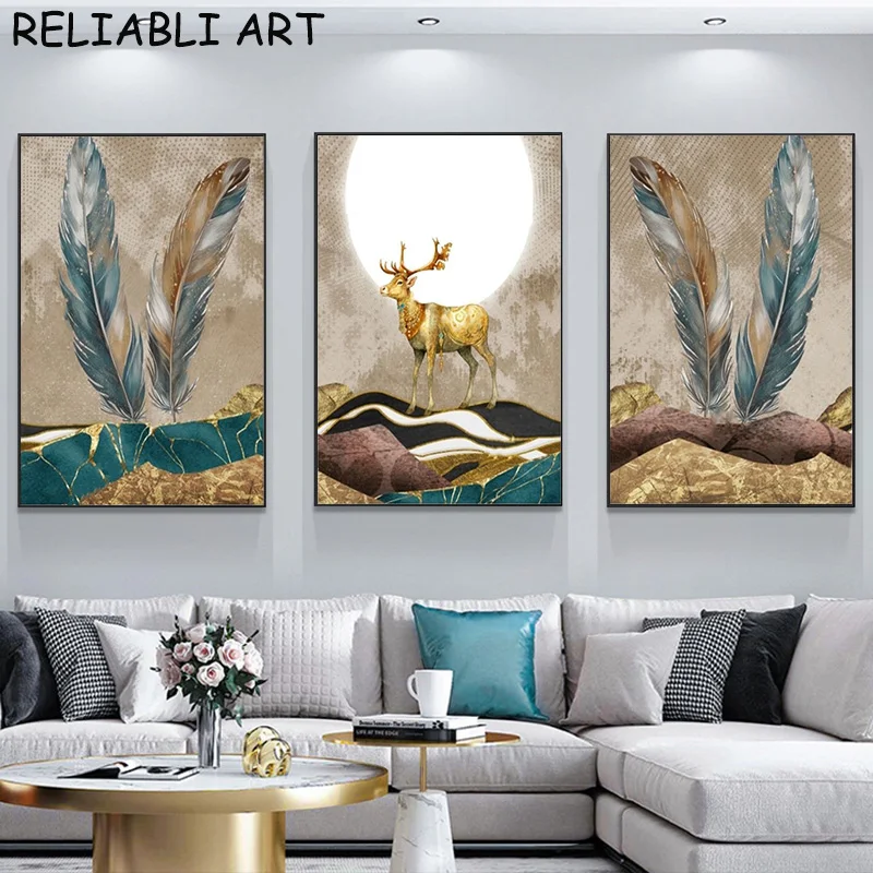 Abstract Blue Feather Elk Moon Poster and Print Canvas Painting Wall Art Poster and Prints for Living Room Home Decor No Frame