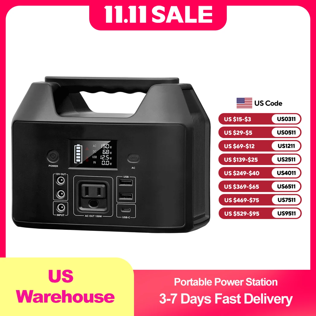 محطة طاقة محمولة 150 وات 122.8 وات في الساعة LiFePO4 بطارية مولد الطاقة الشمسية مع تيار متردد 110 فولت ومصباح LED للتخييم/المنزل/RV