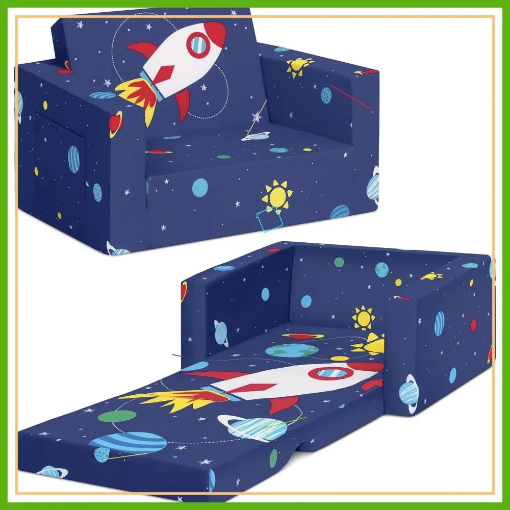2-in-1 어린이용 소파 겸 침대, 폼 소재, 얼룩 방지 세탁 가능 커버, 사이드 포켓, 우주 테마