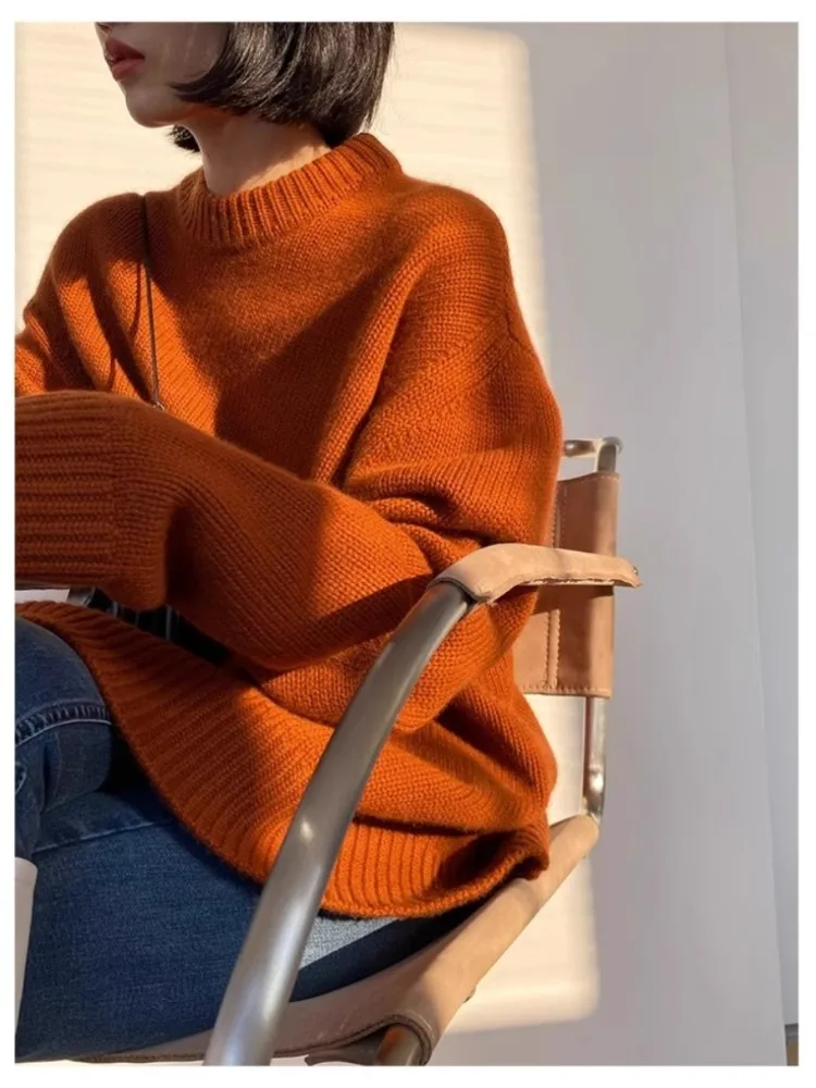 Autumn and winter new 100% cashmere sweater round neck pullover profile sweater women's thick wool loose sweater