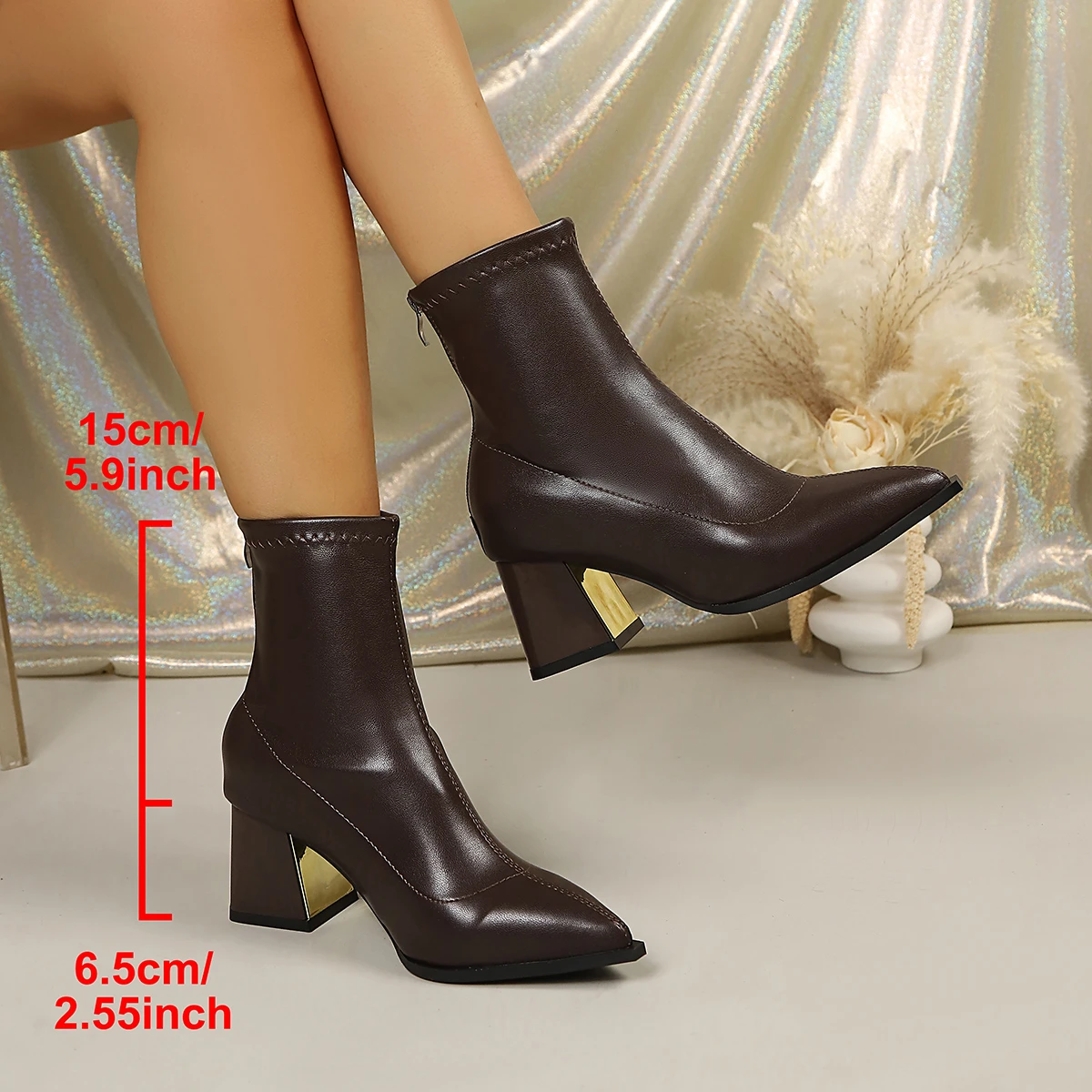Women Pointed Toe Chunky Block Heel Ankle Boots Back Zipper Stretch Short Boots Autumn Winter Dress Boots Black Brown