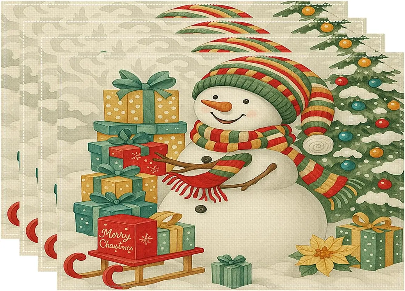 Snowman Pine Tree Print Placemats 4pcs, Heat-Insulating & Durable, Home Kitchen & Dining Table Mats