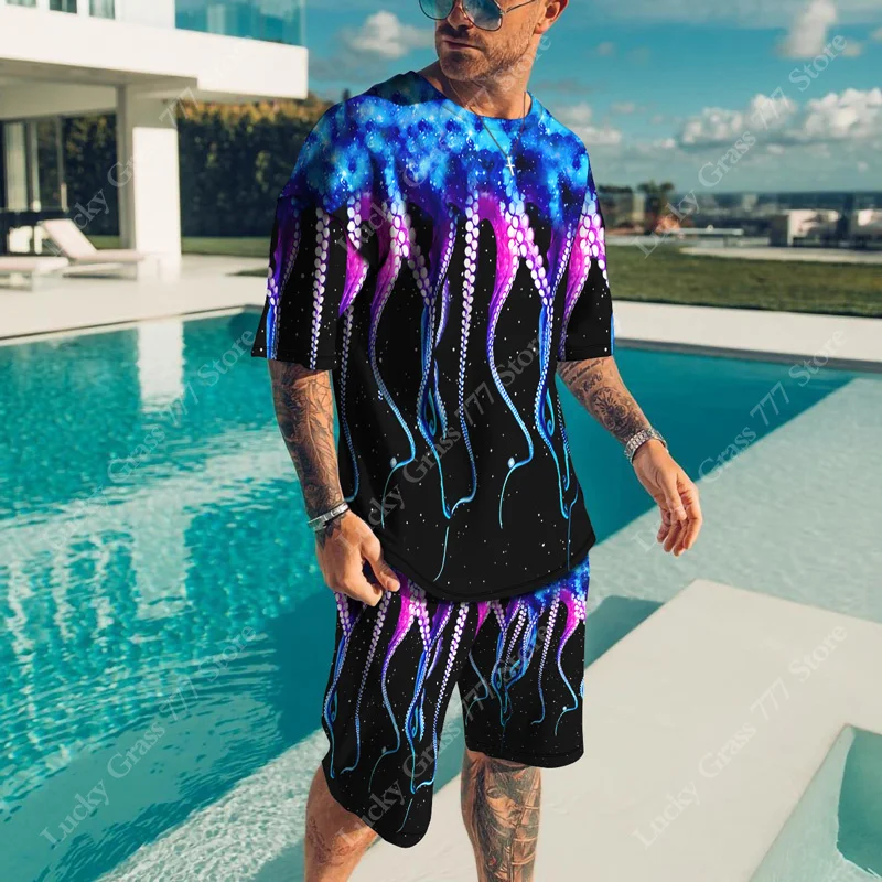 New Sportswear Octopus Trend Men Sets 3D Printed Clothing Casual Shorts+tshirts Set Sweat Suits Summer Tracksuit Men Sets