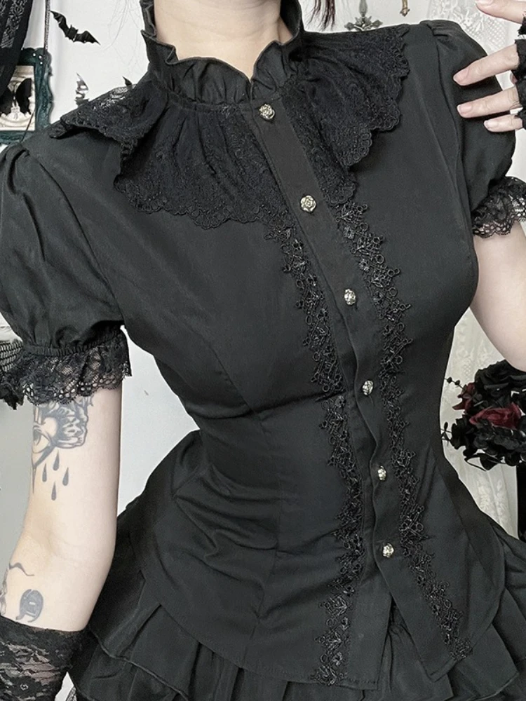 AltGoth قصر نمط خمر القوطي قميص المرأة الظلام مثير الحلو الجمالية الدانتيل المرقعة نفخة الأكمام بلوزة تنوعا الهذيان وتتسابق