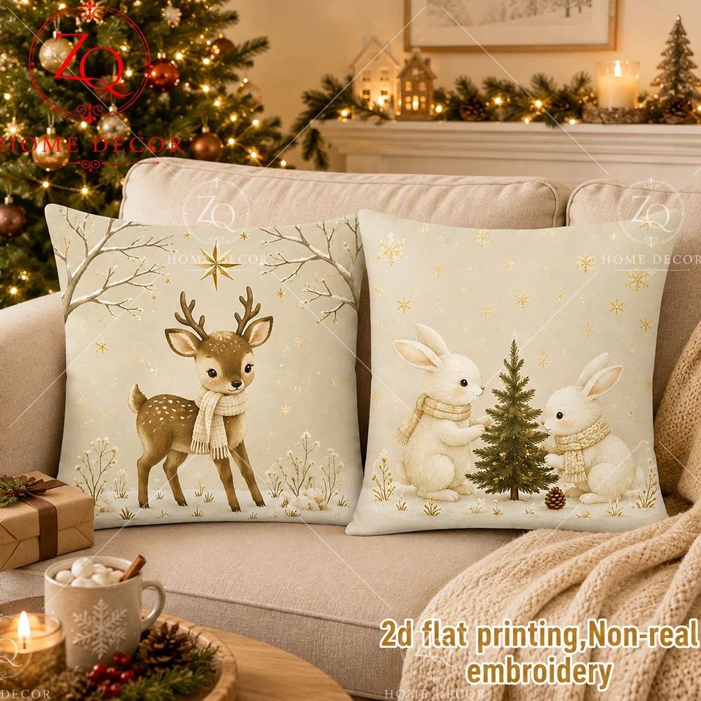 Christmas Deer Rabbit Throw Pillow Covers Soft   Winter Holiday Cushion Cases For Sofa Bedroom