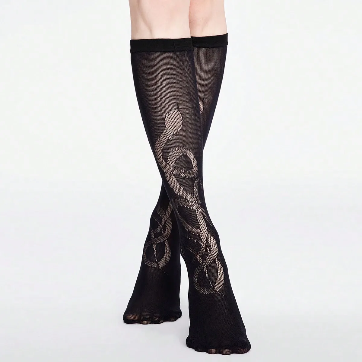 Women Music Note Mesh Sheer Knee High Socks Fashion Hollow Out Thin Black Calf Socks Party Daily Wear