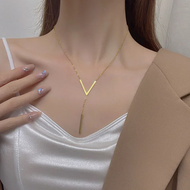 Simple V-shaped Long Sexy Clavicle Necklace Gold Color Long Neck Chain Women Vertical Bar Pendant Necklace Party Jewelry Gifts