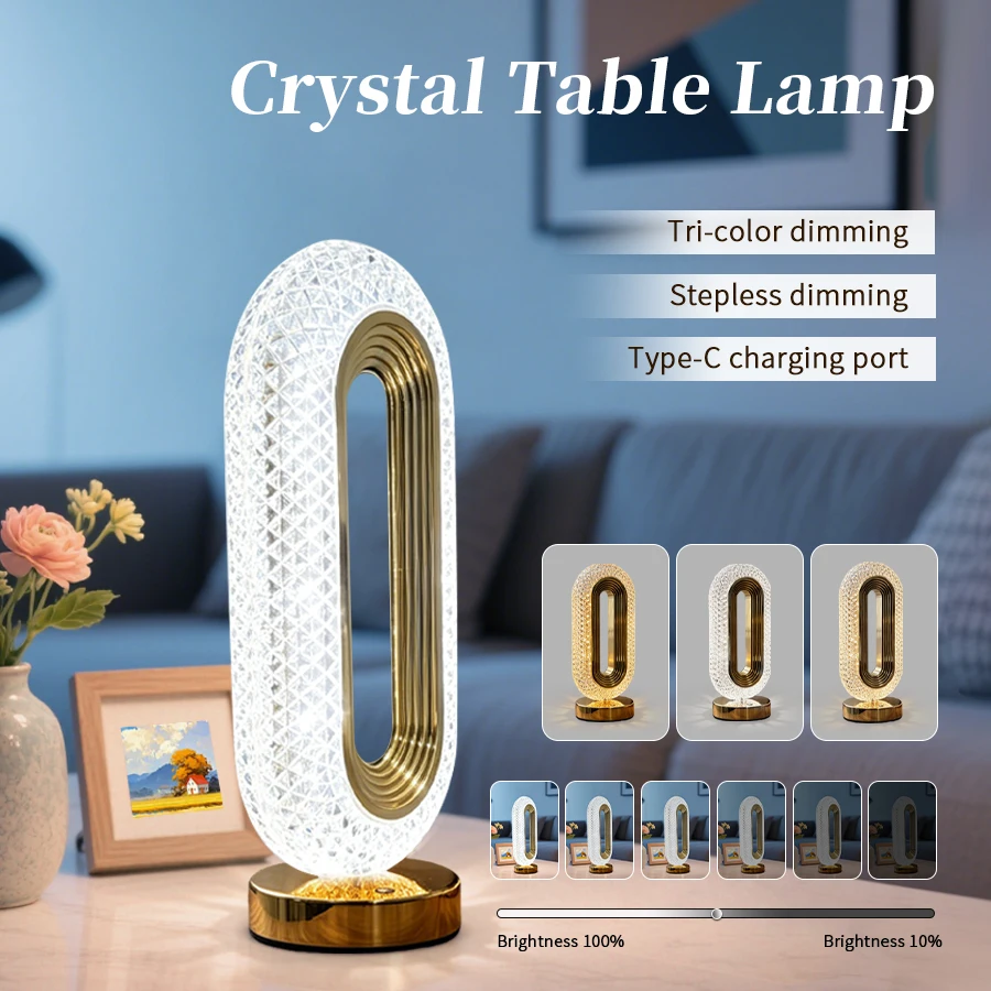 

LED Crystal Table Lamp Touch Dimmable Bedside Lamp Night Light USB Rechargeable 3 Color Temperatures Ambient Light Home Decor