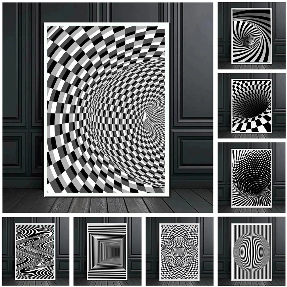 Abstract Optical Illusion Poster Prints For Living Room Home Decor Black And White Trippy Psychedelic Canvas Painting Wall Ar