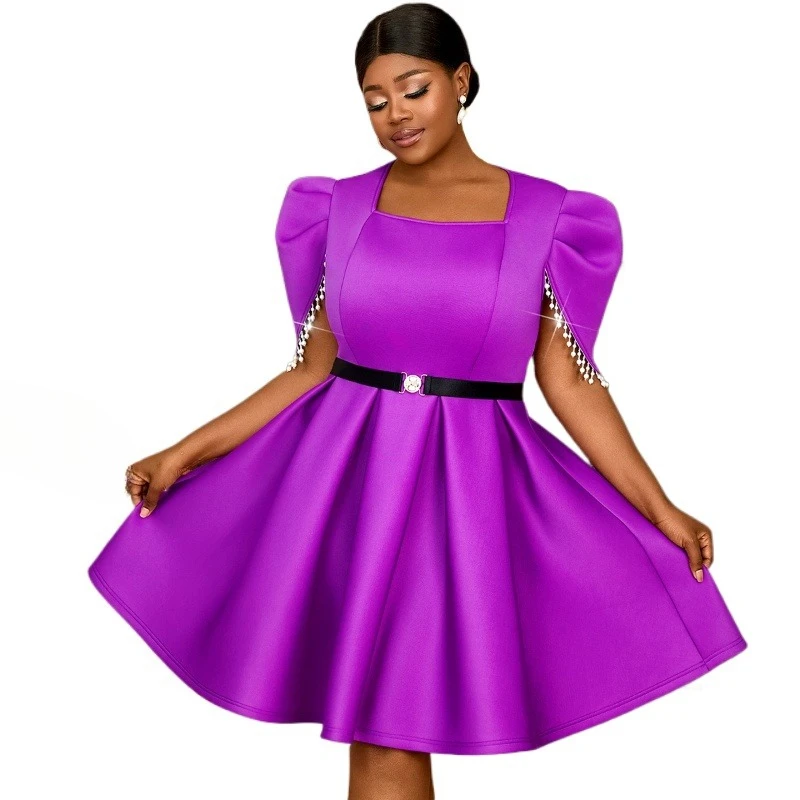 

Women's Square Collar Pearl Detail Bubble Sleeve A-Line Evening Dress Purple Elegant Ball Gown with Chandelier Beads