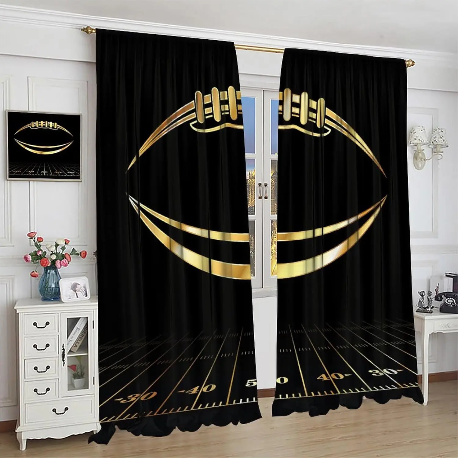 American Football Decor Window Curtains,Black and Gold Kids Football Window Drapes, for Teens Boys Young Man Living Room Bedroom