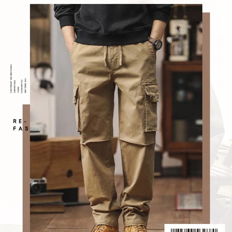 

2024 New Men's Casual Loose Fit Outdoor Sports Pants Trendy Wear-resistant Workwear Trousers Nine-point Cotton Polyester Blend