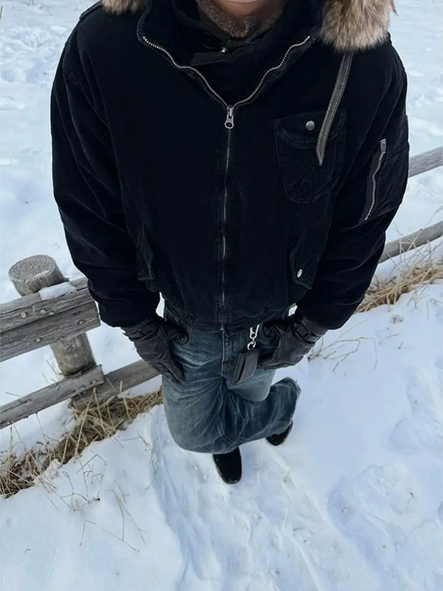 

Thiened Cotton Workwear Jaet Men Women Sle Retro Waed Denim ort Wide Military Sle Jaet with Zipper for Casual Wear