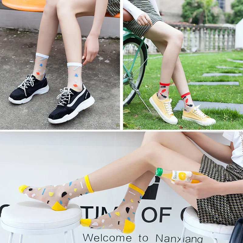 Women students Korea Style Animal Casual Harajuku Transparent Crystal Silk Trend Cartoon Fruit Breathable Glass Silk Socks Meias