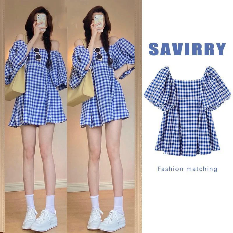 Short Sleeved Square Neck Blue White Grid Dress for Women\'s Summer New Loose French Light Mature Gentle Style Casual Shirt Top