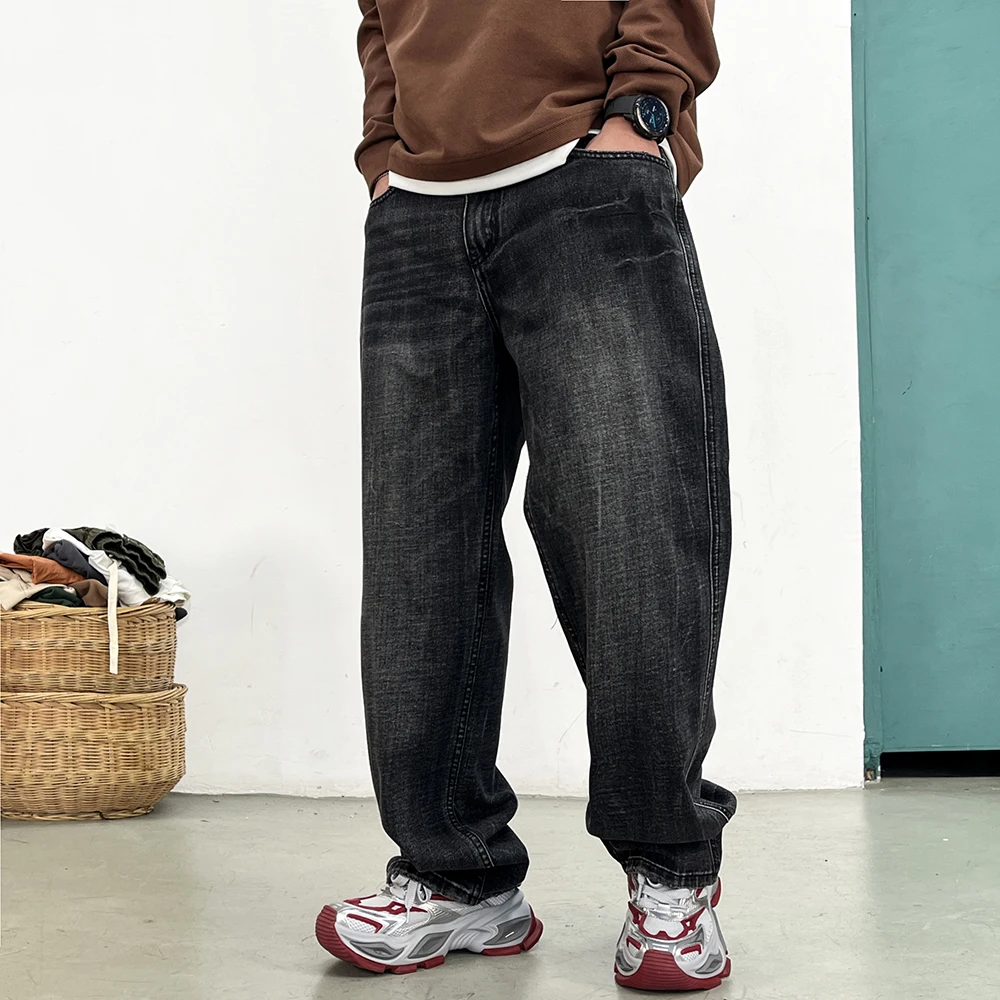 بنطلون جينز أمريكي عتيق أسود مغسول للرجال بنطلون كبير الحجم ملابس غير رسمية مريحة من قماش الدنيم #4