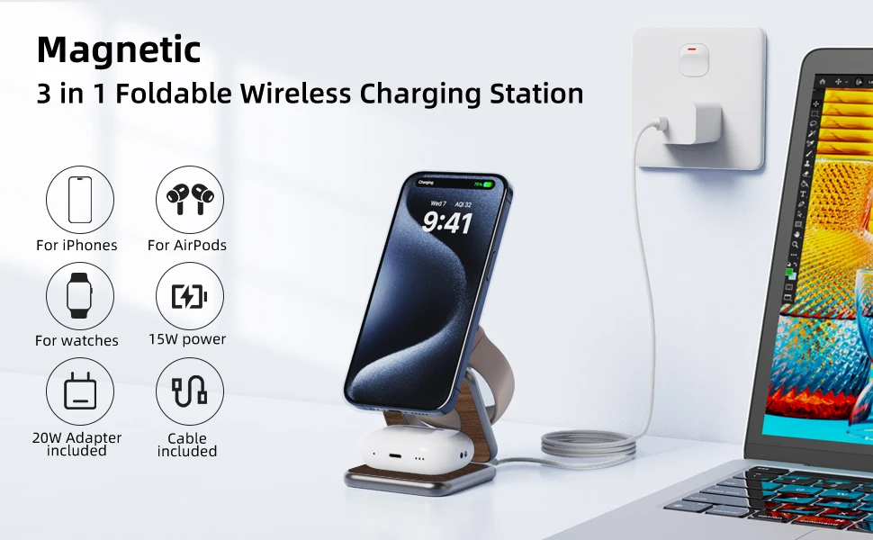 Chargeur Sans Fil 3 En 1 15W Mag-Safe Pour IPhone 16/15/14 + AirPods + Apple Watch - Magnétique