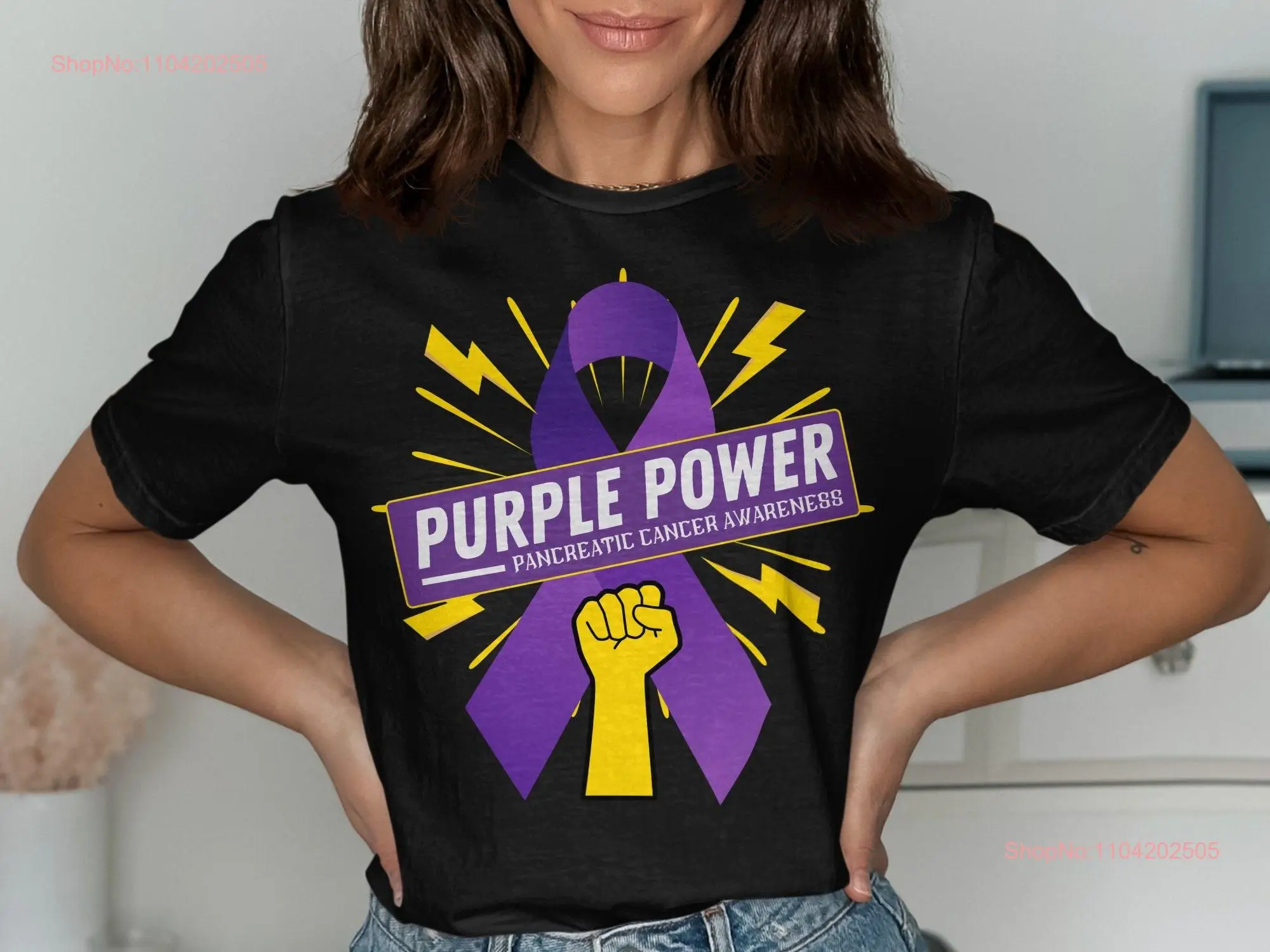 Purple Power Pancreatic Cancer Awareness T Shirt Yellow Fist Design Support Charity long or short sleeves