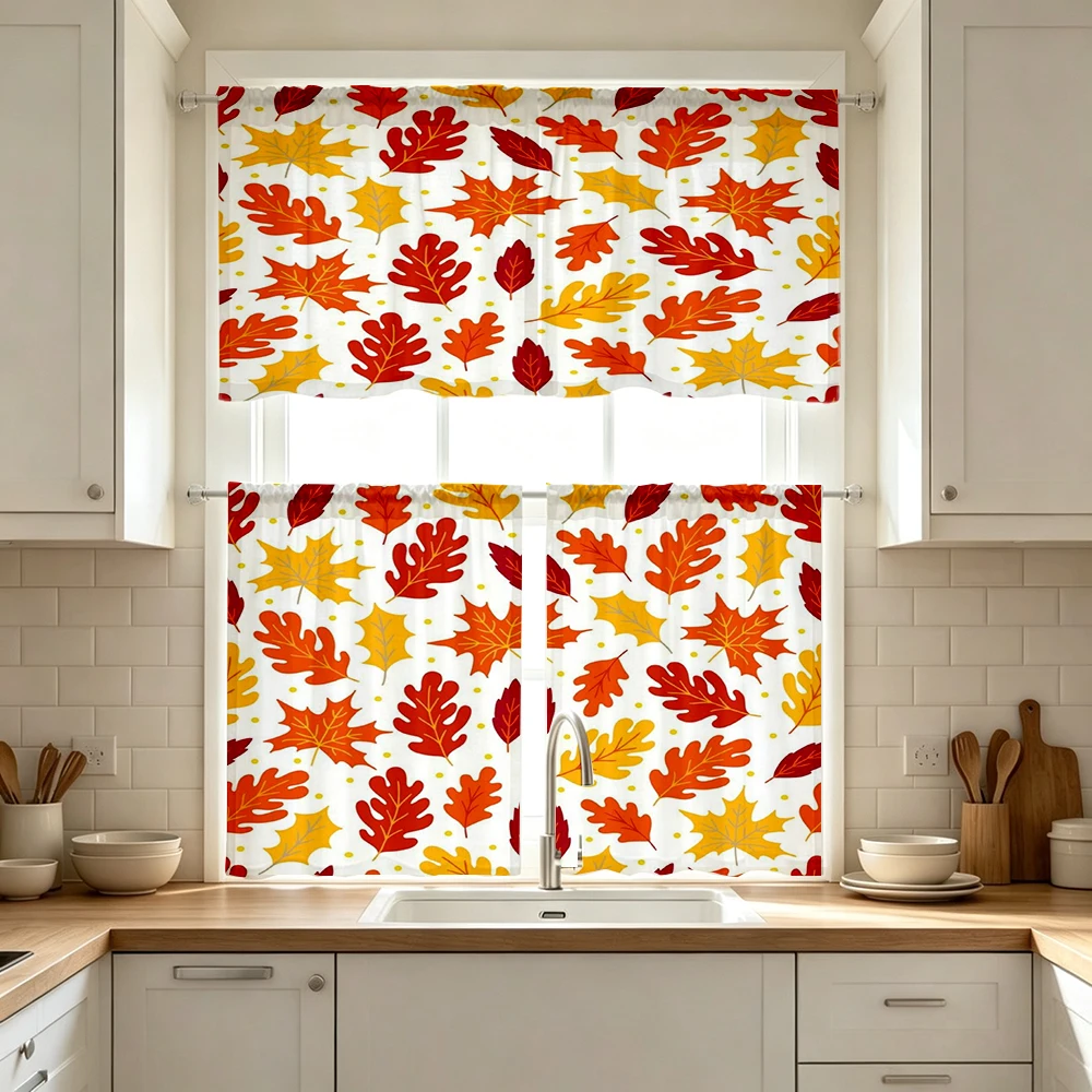 Thanksgiving Fall Kitchen Curtains, Red Orange Maple Leaf, Digital Print, Kitchen Dining Room, Rod Pocket Polyester, Home Decor