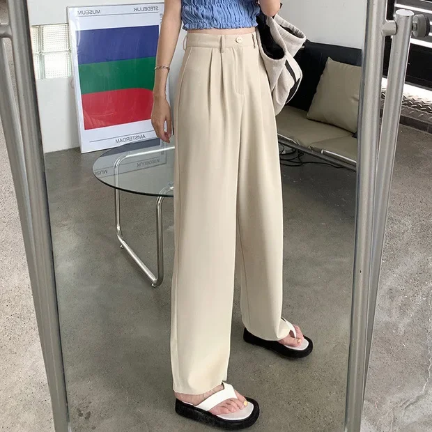 Elegante calça de cintura alta feminina, roupa de rua de pernas largas, solta, reta, casual, moda escritório, elegante, coreano, outono