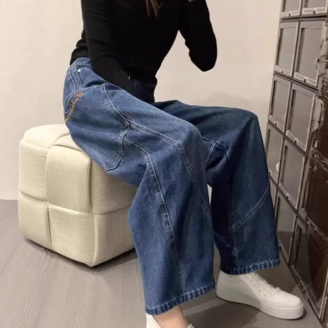 American-style Embroidered Wide-leg Jeans with Retro Design Large Pockets, Scimitar Pants, Floor-length Wide-leg Denim Trousers