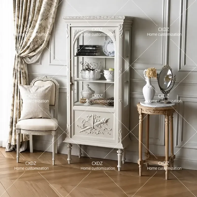 Retro Solid Wood Bookcase with Carved Glass Door Living Room Display Storage Cabinet White Luxury Wine Locker Shelf Unit