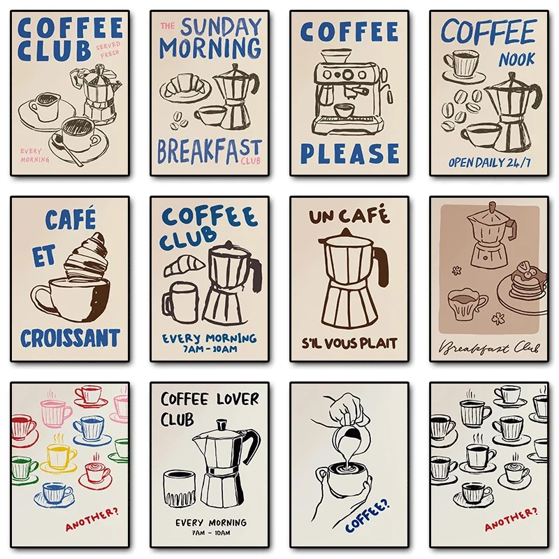Cafe Morning Frühstück Kaffee Club Küche Trendy Retro Poster Leinwand Druck Wand Kunst Bilder Home Decor Kaffee Liebhaber Geschenk