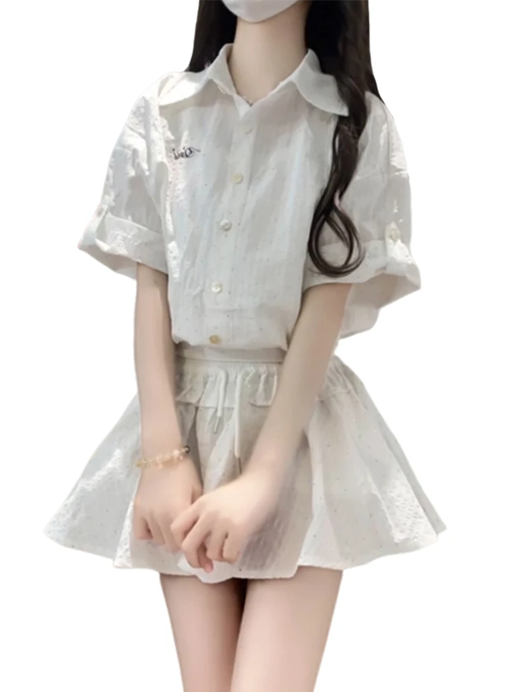 Blanc irt Dr femmes taille haute a-ligne jupe ensemble coréen Sle confortable Polyester mélange longue Sve été nouveauté