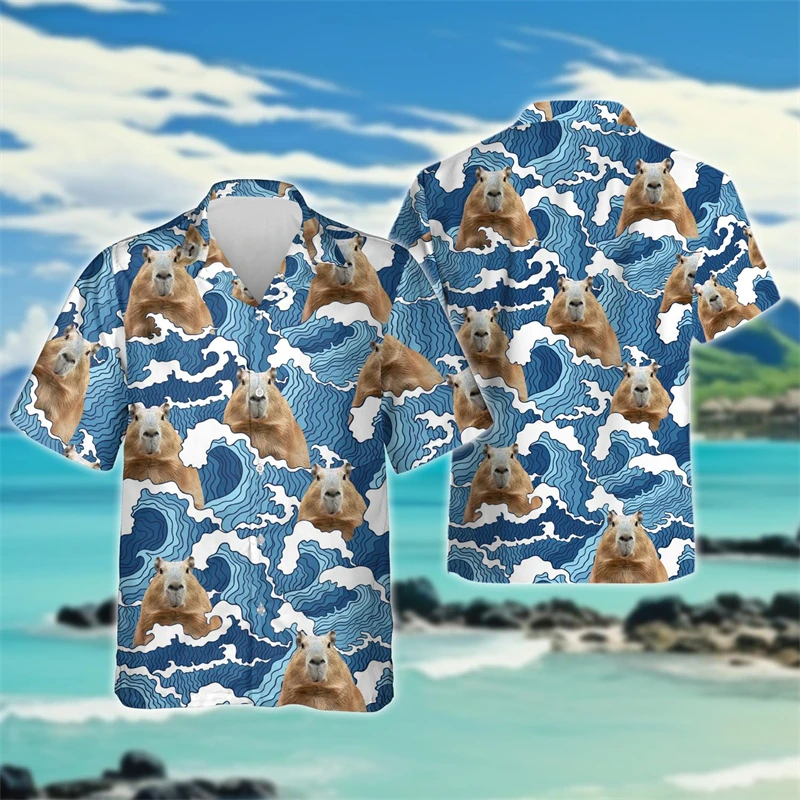 Cute Capybara Graphic Beach Shirt Kawaii Aniaml Female Short Sleeve Blouses Hawaiian Surfing Women Lapel Blouse Button Girls Top