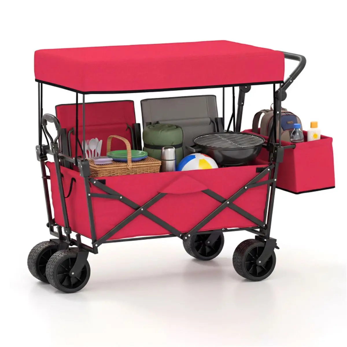 Adjustable Handle Red Foldable Utility Cart with Puncture Resistant Wheels, Removable Side Bag for Outdoor Camper